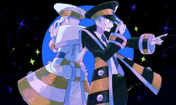 2boys absurdres adjusting_clothes adjusting_headwear arm_behind_back back-to-back black_coat black_hat black_pants blue_necktie brothers coat creatures_(company) emmet_(pokemon) game_freak gloves grey_hair hat highres ingo_(pokemon) male_focus multiple_boys necktie nintendo onigiri_(ahku5522) open_mouth outstretched_arm pants pokemon pokemon_bw siblings twins white_gloves white_hat