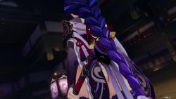 1boy 3d 3girls aether_(genshin_impact) animated ass audible_speech braid breasts cleavage curvy english_audio expressionless game genshin_impact hazeker large_breasts long_hair low-braided_long_hair low-tied_long_hair multiple_girls paimon_(genshin_impact) raiden_shogun signora_(genshin_impact) sound thick_thighs thighhighs thighs third-party_edit thong video walking wide_hips