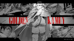 5boys aiming aiming_at_viewer arisaka artist_name bandaged_head bandages black_eyes black_hair bolt_action broken_glass buttons cape copyright_name covered_mouth facial_hair facial_scar firing from_side fur_hat glass gloves golden_kamuy greyscale gun hair_between_eyes hair_slicked_back hair_strand hat highres holding holding_gun holding_weapon hood hood_down hooded_cape imperial_japanese_army jacket kepi koito_otonoshin long_sleeves looking_at_viewer looking_away male_focus military military_hat military_uniform monochrome mosin-nagant multiple_boys noda_satoru official_art official_wallpaper ogata_hyakunosuke one_eye_covered open_mouth pants parted_bangs parted_lips rifle russian_clothes scar scar_on_cheek scar_on_face scar_on_mouth scar_on_nose scarf short_hair simple_background smile solo_focus sound_effects standing stubble sugimoto_saichi surprised teeth tsukishima_hajime undercut upper_body ushanka vasily_(golden_kamuy) weapon