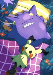 Rule 34 | absurdres, blanket, commentary request, cushion, drifloon, flower, gen 1 pokemon, gen 4 pokemon, gen 7 pokemon, gengar, grass, highres, katiwari7293, mimikyu, night, nintendo, no humans, orange flower, outdoors, pokemon, pokemon (creature), pokemon focus, shadow