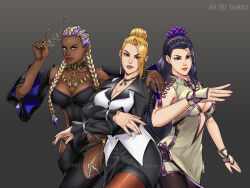 3girls blonde_hair blue_eyes bodypaint braid braided_hair_rings braided_ponytail breasts cleavage cleavage_cutout clothing_cutout collar crossed_arms curvy dark-skinned_female dark_skin dolores_(kof) female_focus fingernails flower formal_clothes glasses gold green_eyes hair_bun hair_flower hair_ornament hair_rings jewelry long_fingernails long_hair long_sleeves looking_at_viewer lotus luong mature_(kof) multicolored_hair multiple_girls nail_polish pale_skin panties pantyhose purple_eyes purple_hair round_eyewear shorts smile smiley_face standing suit the_king_of_fighters thick_lips thick_thighs thighhighs thighs treartz two-tone_hair underwear white_hair wide_hips