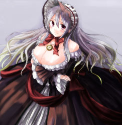 Rule 34 | 1girl, atelier (series), atelier rorona, breasts, brown dress, cleavage, clock, dress, female focus, grey background, hokamichi, huge breasts, long hair, mole, mole under eye, pamela ibis, ribbon, solo, taji (crowview)