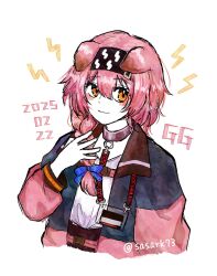 Rule 34 | 1girl, animal ears, arknights, black hairband, blue bow, bow, braid, cat day, closed mouth, colored skin, commentary, cropped torso, dated, goldenglow (arknights), hair between eyes, hair bow, hair over shoulder, hairband, hand in own hair, highres, initial, lightning bolt symbol, long sleeves, looking at viewer, medium hair, orange eyes, pink hair, sasark73 (namida), simple background, sketch, smile, solo, twitter username, watermark, white background, white skin