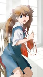 1girl bad_id bad_pixiv_id blue_eyes blush chair female_focus highres interface_headset_(evangelion) knitting knitting_needle long_hair needle neon_genesis_evangelion official_style open_mouth orange_hair red_ribbon ribbon school_uniform solo souryuu_asuka_langley takeru31 tokyo-3_middle_school_uniform wool