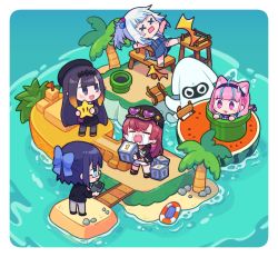 5girls =_= a-chan_(hololive) absurdres anchor_symbol animal_ears beach beret black_dress black_headwear black_jacket black_shirt blooper_(mario) blouse blue_bow blue_eyes blue_hair blue_skirt blue_tank_top blunt_bangs border bow bridge cat_ears chibi crying cube_hair_ornament dice dress eyewear_on_head fang fangs fins fish_tail flag food fruit gawr_gura gawr_gura_(casual) glasses grey_pants hair_bow hair_ornament hat headpiece heart highres holding holding_dice holding_pda holding_star hololive hololive_english houshou_marine houshou_marine_(summer) island jacket lifeboat mario_(series) mario_party minato_aqua minato_aqua_(sailor) multicolored_hair multiple_girls nekotaririn ninomae_ina&#039;nis ninomae_ina&#039;nis_(casual) nintendo official_alternate_costume one_side_up open_clothes open_jacket open_mouth orange_hair outside_border palm_tree pants pda pineapple pink_eyes pink_hair purple_eyes purple_hair red_hair rope_bridge sand_castle sand_sculpture shark_tail sharp_teeth shirt shorts skirt star_(symbol) sunglasses super_mario_party super_star_(mario) sweatdrop tail tank_top teeth tentacle_hair tree tripping two-tone_hair umisea virtual_youtuber warp_pipe watermelon white_border white_hair white_shirt white_shorts x_x