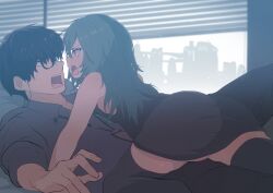 Rule 34 | 1boy, 1girl, absurdres, antonina (neural cloud), aqua hair, bare shoulders, black eyes, black hair, black pants, black shirt, black thighhighs, collared shirt, fighting, girl on top, girls&#039; frontline, girls&#039; frontline neural cloud, glasses, highres, id card, lying, on back, open mouth, pants, professor (neural cloud), ryunosuke nikaido, shirt, thighhighs, yellow eyes