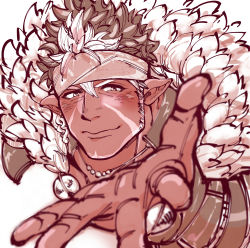 1boy bara blush brown_hair brown_theme dark-skinned_male dark_skin facial_hair foreshortening goatee headband highres jewelry kizami_nori_to_yamaimo long_sideburns looking_at_viewer male_focus mature_male multicolored_hair muscular muscular_male necklace outstretched_hand pointy_ears portrait reaching reaching_towards_viewer short_hair sideburns smile solo spiked_hair tangaroa_(housamo) tokyo_houkago_summoners tooth_necklace tribal two-tone_hair upper_body white_hair yellow_eyes