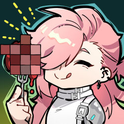 1boy artist_request censored censored_food chibi chibi_only chinese_commentary closed_eyes fork girls&#039;_frontline girls&#039;_frontline_neural_cloud holding holding_fork licking_lips mosaic_censoring official_art pink_hair salmon_(neural_cloud) second-party_source solo tongue tongue_out