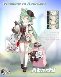 1girl ahoge akagi_(azur_lane) akashi_(azur_lane) akashi_(welcome_to_azurcon!)_(azur_lane) alternate_costume animal_ears azur_lane backpack bag bespectacled bow cat_ears character_doll multiple_expressions full_body glasses green_hair highres kaga_(azur_lane) long_hair long_sleeves looking_at_viewer low-tied_long_hair mole mole_under_eye official_alternate_costume official_art red_bow saru scarf sleeves_past_fingers sleeves_past_wrists thighhighs very_long_hair white_scarf white_thighhighs yellow_eyes yuudachi_(azur_lane)