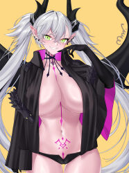 1girl black_cloak black_hands black_panties body_markings breasts choker cleavage cloak colored_extremities crossed_bangs demon_girl demon_horns demon_wings ear_piercing fate/grand_order fate_(series) green_eyes grey_hair grin hair_between_eyes highres horns huge_breasts lilith_(fate) lilith_(second_ascension)_(fate) long_hair looking_at_viewer mrnn navel panties piercing pointy_ears smile solo stomach_tattoo tattoo thighs twintails underwear very_long_hair wings