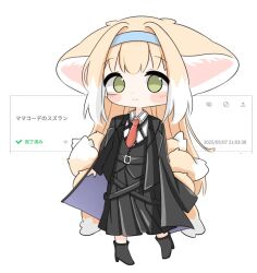1girl animal_ears arknights black_skirt black_vest blonde_hair blue_hairband chibi closed_mouth collared_shirt cosplay fox_ears fox_girl fox_tail full_body green_eyes hairband kitsune kyuubi long_hair multiple_tails necktie red_necktie request_inset shirt skirt solo suzuran_(arknights) tail translation_request tyatenshi vest vulpisfoglia_(arknights) vulpisfoglia_(arknights)_(cosplay) white_background white_shirt