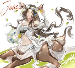 1girl absurdres animal_ears bare_shoulders brown_hair centauroid character_name deer_ears deer_girl deer_tail drop_shadow ear_tag falling_leaves fang feet_out_of_frame flower flower_wreath green_eyes hand_up head_wreath highres holding holding_wreath jessica_(reverse:1999) leaf long_hair looking_at_viewer midriff navel off_shoulder reverse:1999 shirt skin_fang smile solo tail taur very_long_hair white_background white_flower white_shirt xixifusi_de_hualun