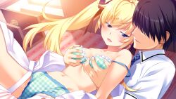 1boy 1girl bare_shoulders black_hair black_ribbon blonde_hair blue_eyes blue_necktie blush bra breasts collarbone collared_shirt covered_erect_nipples covered_eyes dutch_angle game_cg grabbing_another&#039;s_breast green_bra grisaia_(series) grisaia_no_meikyuu groping hair_over_eyes hair_ribbon half-closed_eyes hetero indoors long_hair looking_at_another matsushima_michiru medium_breasts mihama_private_academy_school_uniform navel necktie non-web_source open_mouth panties parted_lips plaid_bra plaid_clothes plaid_necktie plaid_panties ribbon school_uniform shirt short_sleeves sitting spread_legs stomach strap_slip twintails underwear unworn_shirt watanabe_akio white_shirt