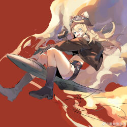 1girl :d absurdres belt black_shorts blonde_hair blue_eyes boots brown_boots brown_gloves brown_jacket flask full_body fur-trimmed_shorts fur_trim gloves goggles goggles_on_head highres holding holding_flask jacket lilya_(reverse:1999) long_hair long_sleeves looking_at_viewer military_uniform open_clothes open_jacket open_mouth qiuchi red_background reverse:1999 riding rocket shorts smile smoke solo watermark wavy_hair weibo_watermark