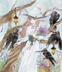 Rule 34 | 1girl, basket, beak, bird, black wings, bouquet, branch, brown hair, corset, crow, dress, earrings, flower, grass, hanging lantern, hat, hat ornament, holding, holding flower, jewelry, lavender (flower), long hair, mmo 07, original, painting (medium), picnic basket, purple eyes, purple flower, purple ribbon, ribbon, star (symbol), star earrings, star hat ornament, traditional media, watercolor (medium), white dress, wings, witch, witch hat
