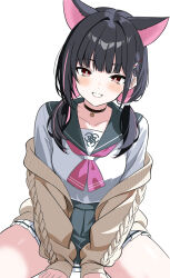 Rule 34 | 1girl, absurdres, animal ears, black choker, black hair, blue archive, blush, breasts, brown sweater, choker, choppy bangs, collarbone, colored inner hair, commentary request, hair ornament, hairclip, hakusimi 8943, highres, kazusa (blue archive), multicolored hair, neckerchief, off-shoulder sweater, off shoulder, pink neckerchief, sailor collar, sidelocks, sitting, skirt, solo, spread legs, streaked hair, sweater, teeth, white background