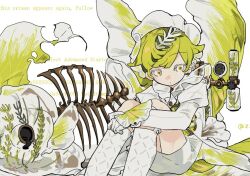 1other dajiafengfan25164 earrings english_text error_message fish glass green_hair jewelry kelp kneehighs knees_up leaf machinery multicolored_eyes original other_focus plant ribs shirt sitting socks solo text_background white_background white_eyes white_headdress white_shirt white_socks