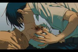 Rule 34 | 2boys, black hair, black pants, blood, blood on face, closed eyes, collared shirt, french kiss, from side, hikaru ga shinda natsu, indou hikaru, iria arts, kiss, letterboxed, male focus, mole, mole on cheek, mole under eye, multiple boys, multiple moles, pants, school uniform, shirt, short hair, short sleeves, tsujinaka yoshiki, white hair, white shirt