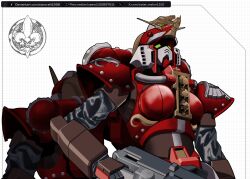 2girls absurdres adepta_sororitas armor artist_logo artist_name boobplate breastplate brown_armor commentary crossover deviantart_logo deviantart_username english_commentary figurehead_(boat) fleur-de-lis fusion g_gundam green_eyes grid_background gun gundam highres holding holding_gun holding_weapon humanoid_robot joints logo mecha mobile_suit multicolored_armor multiple_girls no_humans nobel_gundam ornate_armor outside_border pixiv_logo pixiv_username red_armor rivets robot robot_girl robot_joints science_fiction shoulder_armor skull skull_ornament tube twitter_username twitter_x_logo upper_body warhammer_40k watermark watermelonsfw weapon web_address white_armor
