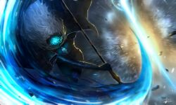 Rule 34 | 1boy, absurdres, argalia (project moon), attack, backlighting, blue bodysuit, blue cape, bodysuit, cape, collared cape, distortion (project moon), explosion, highres, holding, holding scythe, library of ruina, long hair, lubban, project moon, scythe, solo, spoilers, very long hair, white hair