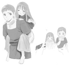 1boy 1girl :t aged_down animal barefoot blush boots brother_and_sister carrying chibi child closed_eyes coat cropped_torso dog dress dungeon_meshi eating facing_viewer falin_touden falin_touden_(tallman) food frs2 fur-trimmed_sleeves fur_trim greyscale hand_up hands_up highres holding holding_food laios_touden layered_sleeves long_hair long_sleeves looking_at_viewer monochrome multiple_views piggyback sash short_hair short_over_long_sleeves short_sleeves siblings sketch straight_hair tongue tongue_out turtleneck winter_clothes winter_coat