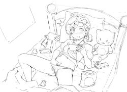 1girl ahoge bed bedroom blush breasts candy caught cellphone chips_(food) female_masturbation food geewhy gegege_no_kitarou gegege_no_kitarou_6 hair_ornament hairclip hand_in_panties heart heart_hair_ornament highres holding inuyama_mana looking_at_viewer lying masturbation monochrome navel on_bed open_mouth panties panty_pull phone pillow pocky ponytail potato_chips shirt short_hair short_sleeves sketch small_breasts smartphone stuffed_animal stuffed_cat stuffed_toy tissue_box underwear