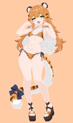 1girl animal_ears bare_arms bikini full_body green_eyes highres hikuri_miku ju_fufu long_hair looking_at_viewer navel open_mouth orange_bikini orange_hair paw_pose pixel_art side-tie_bikini_bottom simple_background smile solo standing stomach swimsuit tail tiger_ears tiger_girl tiger_tail zenless_zone_zero