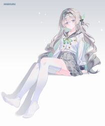 1girl absurdres artist_name black_bow black_hairband black_shoes blue_eyes bow breasts buttons closed_mouth colored_inner_hair commentary double-breasted english_commentary firefly_(honkai:_star_rail) firefly_(spring_missive)_(honkai:_star_rail) full_body green_hair grey_hair grey_sailor_collar grey_skirt hair_bow hairband higekuru highres honkai:_star_rail honkai_(series) invisible_chair loafers long_hair long_sleeves looking_at_viewer medium_breasts multicolored_eyes multicolored_hair official_alternate_costume purple_eyes sailor_collar school_uniform serafuku shirt shoes sitting skirt smile solo thighhighs thighs two-tone_eyes very_long_hair white_shirt white_thighhighs zettai_ryouiki