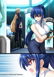 2girls black_bow black_dress black_gloves black_pants black_shoes black_thighhighs blonde_hair blue_hair bow breasts collared_shirt cropped_shirt dress fingerless_gloves gloves hellandheaven high_heels highres holding large_breasts multiple_girls open_mouth orc original pants patreon_username ponytail red_eyes shirt shoes sleeveless sleeveless_shirt sweat thighhighs