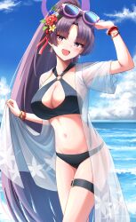 1girl absurdres armpits bikini black_bikini blue_archive blue_flower blush bracelet breasts cleavage eyewear_on_head fang flower hair_flower hair_ornament highres jewelry kuneamorai large_breasts looking_at_viewer multiple_bracelets navel ocean official_alternate_costume official_alternate_hairstyle open_clothes open_mouth open_shirt ponytail purple_eyes purple_hair red_flower see-through_clothes see-through_shirt shirt short_sleeves skin_fang solo stomach sunglasses swimsuit thigh_strap yukari_(blue_archive) yukari_(swimsuit)_(blue_archive)