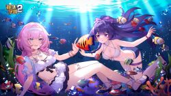 2girls bad_link benghuai_xueyuan bikini bikini_skirt blue_eyes blush bow bracelet breasts elf elysia_(honkai_impact) elysia_(miss_pink_elf)_(honkai_impact) elysia_(summer_miss_elf)_(honkai_impact) fish hairband highres honkai_(series) honkai_impact_3rd jewelry long_hair looking_at_viewer multiple_girls necklace official_art pink_hair pointy_ears purple_bow purple_eyes purple_hair raiden_mei smile swimsuit thigh_strap underwater white_hairband
