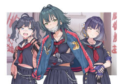 Rule 34 | 3girls, ^ ^, ahoge, bandaid, bandaid on face, bandaid on nose, black hair, black serafuku, blush, bokken, border, closed eyes, commentary request, crossed arms, delinquent, fingerless gloves, gakuen idolmaster, gloves, green hair, hair flaps, hamedoragon, hataya misuzu, idolmaster, jacket, jacket on shoulders, kaya rinha, looking at viewer, mask, mask pull, midriff peek, mouth mask, multiple girls, neckerchief, pleated skirt, purple gloves, purple hair, red neckerchief, school uniform, serafuku, skirt, smile, sukeban, sword, syngup! (idolmaster), tsukimura temari, twintails, weapon, white border, white mask, wooden sword