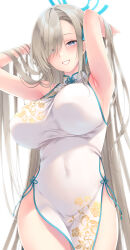 1girl alternate_costume armpits arms_up asuna_(blue_archive) ayase_hazuki blue_archive blue_eyes blue_halo blue_ribbon blush breasts brown_hair china_dress chinese_clothes commentary_request covered_navel cowboy_shot dress floral_print_dress hair_over_one_eye hair_ribbon halo highres large_breasts long_hair looking_at_viewer pelvic_curtain ribbon simple_background smile solo very_long_hair white_background white_dress