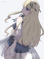 1girl alternate_costume blonde_hair blue_eyes blue_one-piece_swimsuit casual_one-piece_swimsuit fletcher_(kancolle) folded_hair from_behind hair_bun highres kantai_collection long_hair looking_at_viewer looking_back milktea_(milkteaillust) one-piece_swimsuit see-through_clothes see-through_skirt simple_background skirt solo swimsuit white_background
