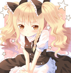 1girl :c alternate_hairstyle apron black_dress blonde_hair blush bow braid brown_eyes dress female_focus hair_bow hair_bun hazakura_satsuki kirisame_marisa long_hair looking_at_viewer no_headwear side_braid single_braid solo star_(symbol) touhou twintails very_long_hair waist_apron
