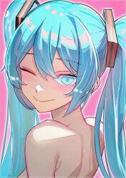 1girl absurdres aqua_eyes aqua_hair banhuaaidie bare_shoulders from_behind hatsune_miku highres long_hair looking_back one_eye_closed pink_background simple_background smile solo twintails vocaloid