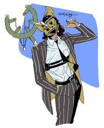 1boy alternate_costume black_hair black_necktie collared_shirt commentary_request cropped_legs earrings hand_in_pocket isam2863 jacket jewelry korean_commentary long_nose long_sleeves male_focus mask medium_hair necktie one_piece open_clothes open_jacket pants pointing pointing_at_self shirt sogeking solo suit_jacket thumbs_up usopp weapon weapon_on_back white_shirt