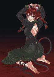 1girl animal_ears arms_up back barefoot black_dress braid breasts cat_ears cat_girl cat_tail dark_background dress extra_ears fang frills from_behind grey_nagato hair_ribbon highres kaenbyou_rin long_hair long_sleeves looking_at_viewer looking_back medium_breasts multiple_tails open_mouth pointy_ears red_eyes red_hair ribbon sitting subterranean_animism tail touhou twin_braids wariza