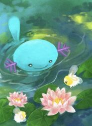 animal_focus black_eyes bright_pupils closed_mouth cutiefly flower gen_2_pokemon gen_7_pokemon highres lily_pad looking_at_another nintendo no_humans outdoors pink_flower pokemon pokemon_(creature) rigu_(what_will_be_will_be!) ripples signature smile swimming water white_pupils wooper
