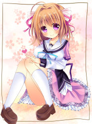 Rule 34 | 1girl, ahoge, bad id, bad pixiv id, breasts, brown hair, hair intakes, heart, highres, ichinose mio (koi ga saku koro sakura doki), knees together feet apart, koi ga saku koro sakura doki, mashiro shimaro, petticoat, purple eyes, school uniform, sitting, smile, white legwear