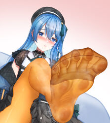 1girl absurdres blue_eyes blue_hair blush breasts choker feet gloves hair_between_eyes hat highres hololive hoshimachi_suisei jewelry long_hair looking_at_viewer multiple_girls no_shoes official_alternate_costume open_mouth pantyhose reiku09 ribbon shirt side_ponytail small_breasts smile soles solo star_(symbol) star_in_eye symbol_in_eye virtual_youtuber yellow_pantyhose