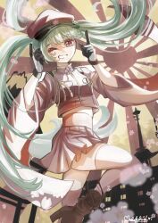 1girl absurdres black_gloves boots brown_boots crop_top gloves grey_hair grin hat hatsune_miku hatsune_miku_(ichi_no_sakura_oka) heart high_heel_boots high_heels highres index_finger_raised midriff_peek military_hat mocha_fushigi one_eye_closed outdoors pleated_skirt rising_sun_flag senbon-zakura_(vocaloid) signature skirt smile solo sunburst thighhighs tower twintails vocaloid wide_sleeves