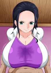 1boy 1girl breasts cleavage highres huge_breasts koktter long_hair nico_robin one_piece paizuri smile