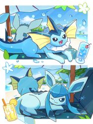 Rule 34 | animal ears, animal focus, beach, blue eyes, closed eyes, cup, drink, fins, full body, gen 1 pokemon, gen 4 pokemon, glaceon, glass, head fins, highres, looking at viewer, neko gyoza, nintendo, no humans, one eye closed, open mouth, pokemon, pokemon (creature), pokemon focus, smile, tail, umbrella, vaporeon, water