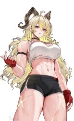 1girl ahoge alternate_costume arm_strap artist_name bags_under_eyes bare_shoulders black_choker black_horns black_shorts blonde_hair breasts bright_pupils choker cowboy_shot curled_horns dolphin_shorts earrings fingerless_gloves foxyreine gloves hair_between_eyes highres horns jewelry key_earrings large_breasts long_hair looking_at_viewer meme mildly_muscular_women_think_they&#039;re_gods_(meme) mole mole_on_breast mole_under_eye navel parted_lips patreon_logo red_eyes red_gloves scar shirt shorts signature simple_background solo stomach toned toned_female torn_clothes torn_shirt very_long_hair watermark web_address white_background white_pupils white_shirt wuthering_waves zani_(wuthering_waves)