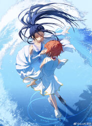 2girls absurdres black_hair brown_hair closed_eyes dress figure_skating_dress from_behind highres ice ice_skates ice_skating kamisaki_hikaru lava_indifferent medalist_(manga) multiple_girls skates skating watermark weibo_username weibo_watermark white_dress yuitsuka_inori