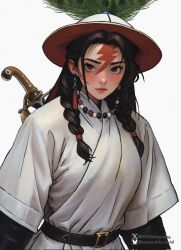 1girl banbi belt black_belt black_hair blush braid chinese_clothes closed_mouth earrings genderswap genderswap_(mtf) hat highres jaghatai_khan jewelry lightning_bolt_symbol looking_at_viewer nnnmengmeng peacock_feathers sheath sheathed simple_background solo sword tassel twin_braids upper_body warhammer_40k weapon white_background