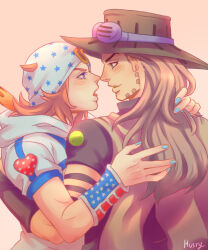 2boys american_flag american_flag_print beanie beard black_shirt blonde_hair blue_eyes blue_nails blue_sleeves blush brown_cape brown_hair brown_hat cape cowboy_hat facial_hair flag_print from_behind from_side goggles goggles_on_headwear green_eyes gyro_zeppeli hat heart_ornament highres hood hoodie horseshoe_hat_ornament johnny_joestar jojo_no_kimyou_na_bouken long_hair looking_at_another male_focus medium_hair multicolored_wristband multiple_boys nillratn open_mouth shirt short_sleeves star_(symbol) star_print steel_ball_run two-tone_sleeves upper_body white_hat white_hoodie white_sleeves yaoi