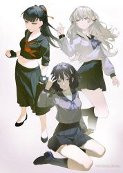 Rule 34 | 3girls, absurdres, bandaged head, bandaged neck, bandages, black gloves, black hair, black serafuku, black skirt, black socks, clenched hand, delinquent, fingerless gloves, flower, full body, fuyusaka iori, gloves, grey eyes, grey serafuku, hair flower, hair ornament, hand on floor, highres, juusan kihei bouei ken, kneehighs, long skirt, long sleeves, midriff, midriff peek, multiple girls, neckerchief, on floor, pembiklimon, pleated skirt, ponytail, purple neckerchief, red neckerchief, red ribbon, ribbon, rose, sailor collar, school uniform, seiza, serafuku, shinonome ryouko (juusan kihei bouei ken), simple background, sitting, skirt, socks, standing, straight hair, sukeban, takamiya yuki, wavy hair, white flower, white hair, white rose