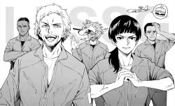 Rule 34 | 1girl, 4boys, ace combat, ace combat 7: skies unknown, aircraft, airplane, awacs, burger, collarbone, commentary request, count (ace combat 7), crew cut, crossed arms, dark-skinned male, dark skin, e-767, facial hair, fist in hand, food, fox, gun, gun in mouth, hand up, handgun, huxian, jaeger (ace combat), jumpsuit, medium hair, military vehicle, monochrome, multiple boys, open mouth, partially unzipped, ponytail, revolver, shirt, short hair, simple background, skald (ace combat), spoken food, strider squadron, teeth, tongue, tongue out, trigger (ace combat), upper body, waving, weapon, white background, yukizoooh